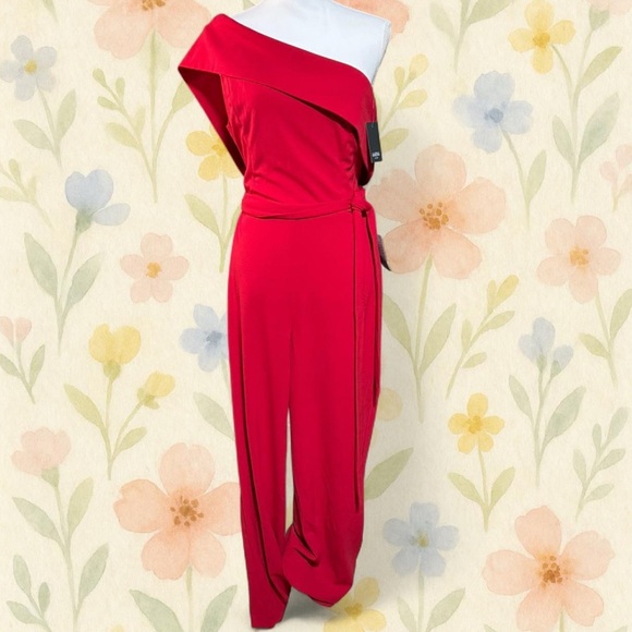 Marina Red One Shoulder Jumpsuit Women’s Size L Nordstrom Formal Wide Leg Belted - Picture 1 of 5